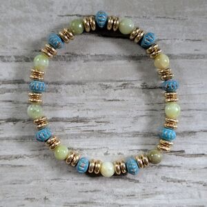 Elegant China Jade With Teal And Gold Beaded  Stretch Bracelet